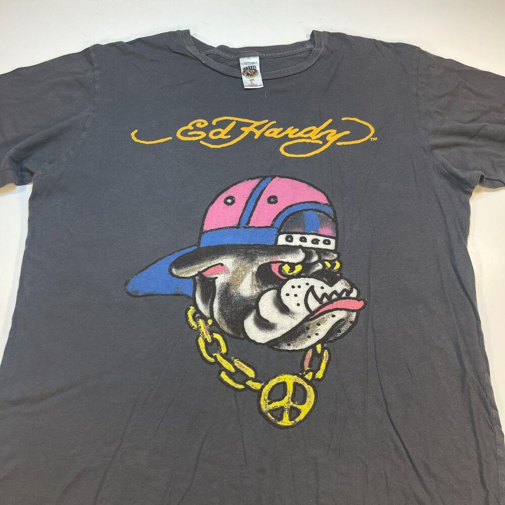 VINTAGE Ed Hardy by Christan Audigier T SHIRT Mens L Bulldog Gold Chain